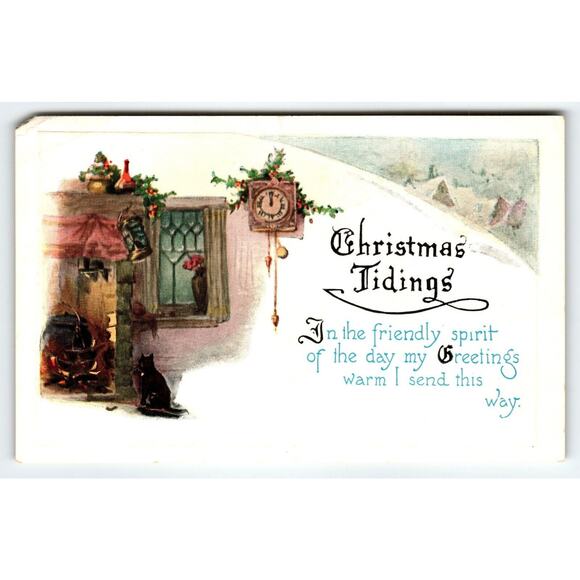 Christmas Tidings Postcard Black Cat Fireplace Clock Vintage Embossed Series 201 - Picture 1 of 2